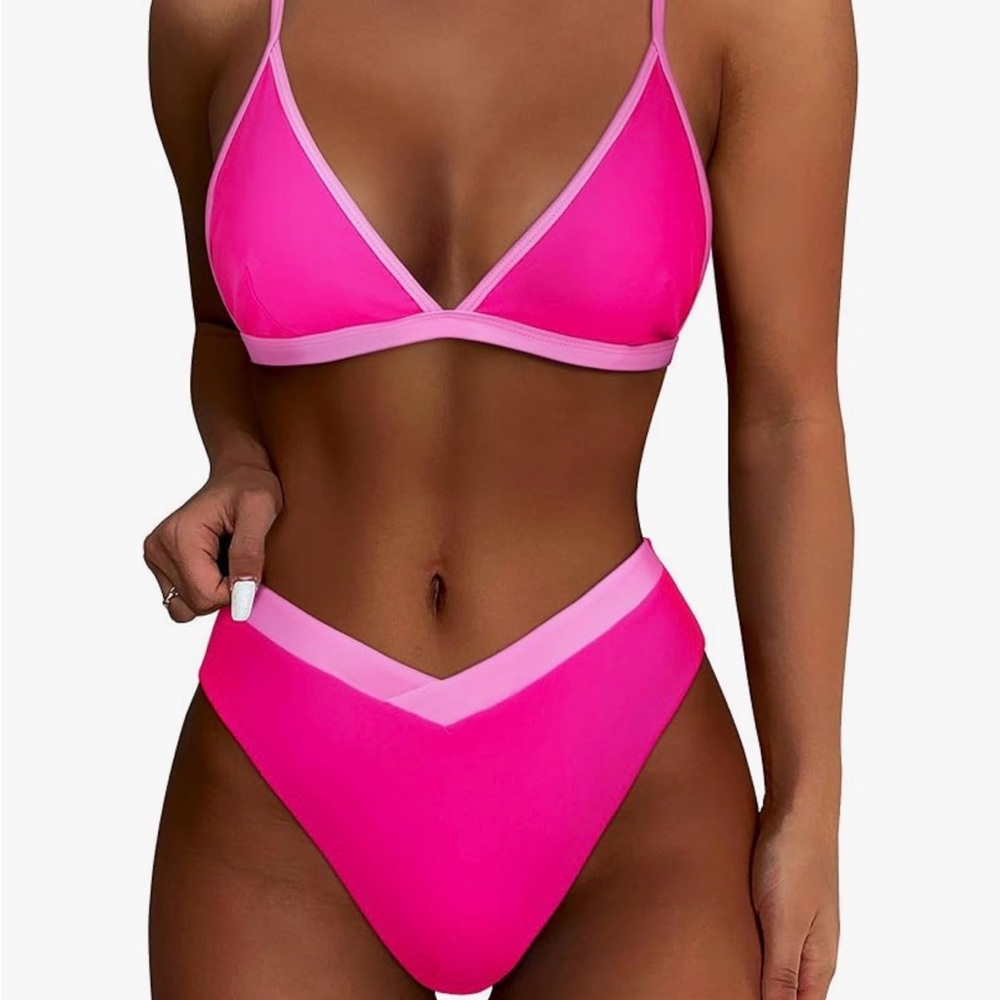 NWT- V-Neck Two-Tone Pink Bikini Set
